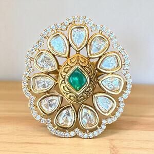 Adjustable Ring Gold Tone Indian Bollywood Style Kundan Polki Wedding Jewelry